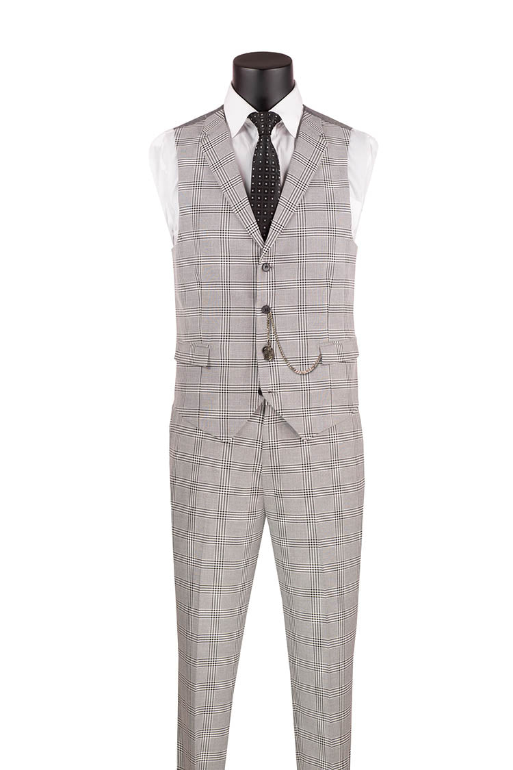 Slim Fit Suit Windowpane 3 Piece with Vest in Black/Gray - Gray/Black