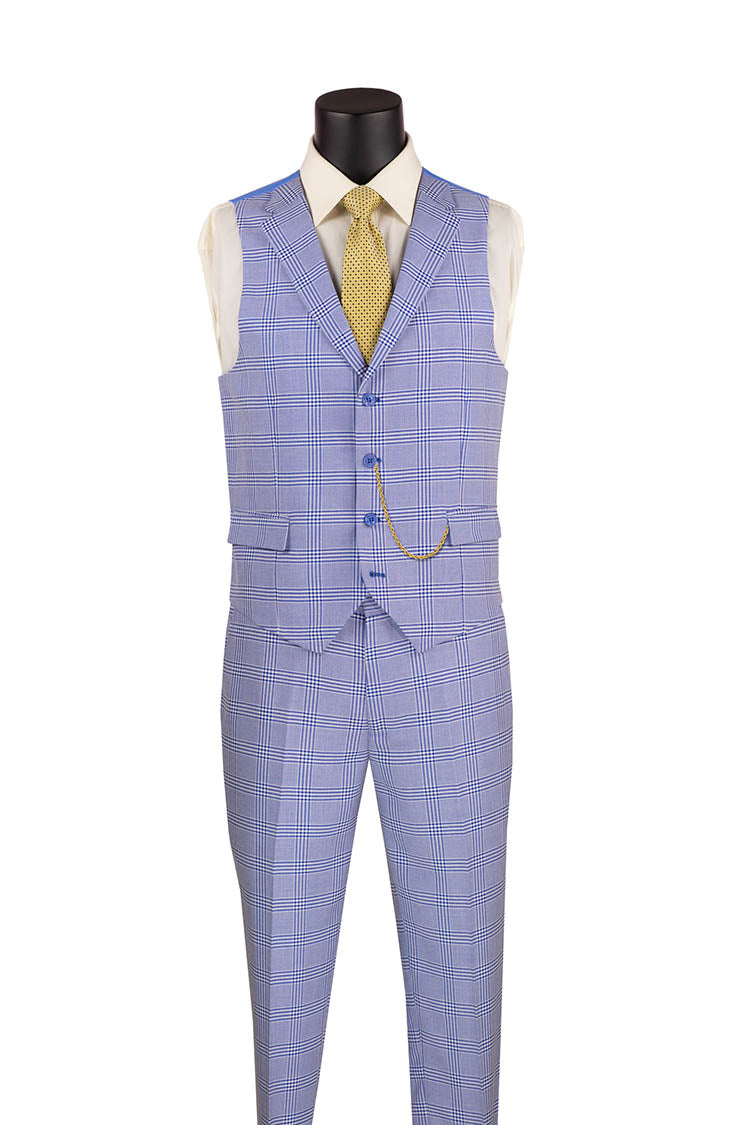 Slim Fit Suit Windowpane 3 Piece with Vest in Sky Blue - Sky Blue