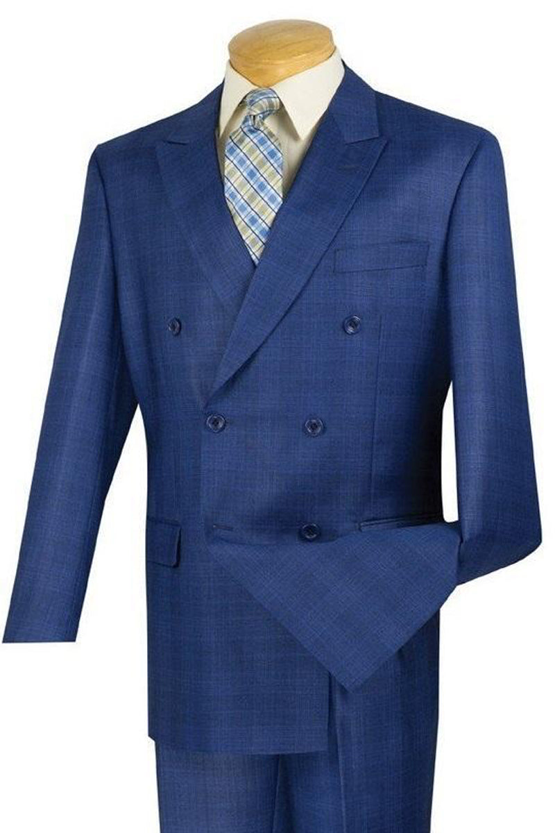 Mens Classic Wool Feel Double Breasted Glen Plaid Suit in Blue - 36 Short