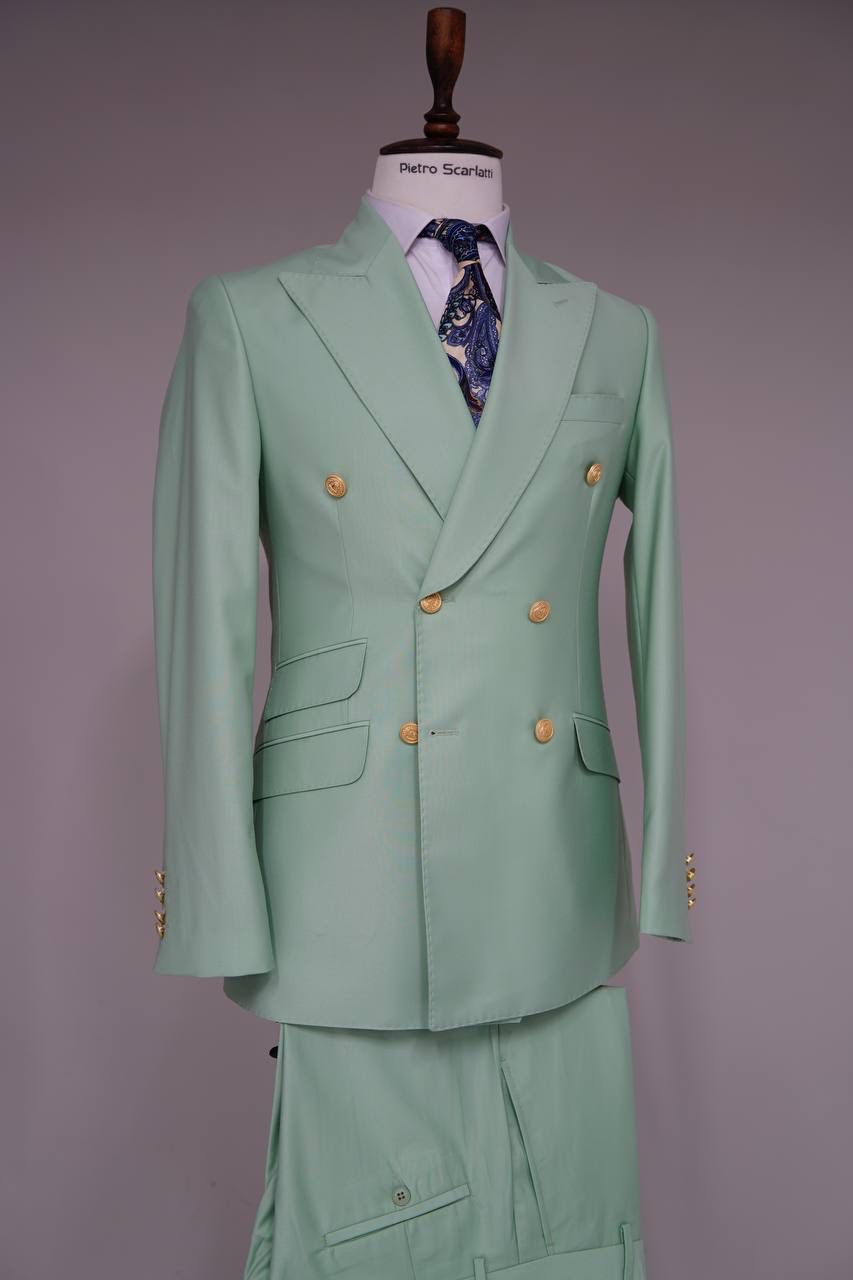 Mens Sage Green Double-Breasted Suit with Gold Buttons – Formal Slim Fit 2-Piece Pistachio Color - 34 Short or Extra Small