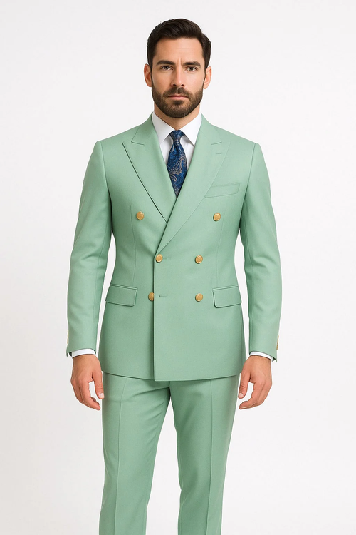 Mens Sage Green Double-Breasted Suits with Gold Button Formal Slim Fit 2-Piece Pistachio Color