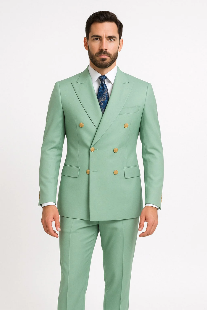 Mens Sage Green Double-Breasted Suits with Gold Button Formal Slim Fit 2-Piece Pistachio Color