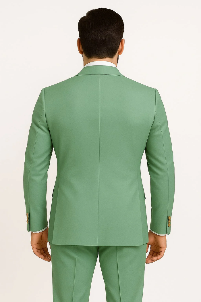 Mens Sage Green Double-Breasted Suits with Gold Button Formal Slim Fit 2-Piece Pistachio Color