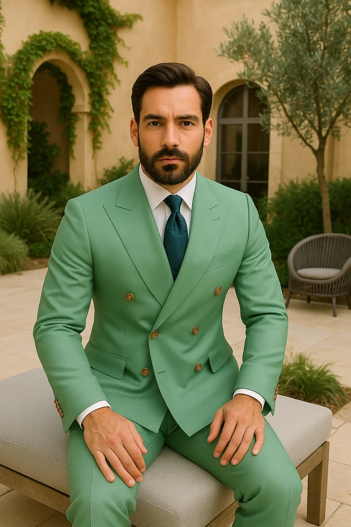 Mens Sage Green Double-Breasted Suits with Gold Button Formal Slim Fit 2-Piece Pistachio Color