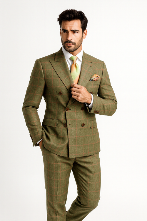 Rossiman Suits Brand - Plaid Textured Double breasted Style - Windowpane Pattern in Color Sage Green and Burnt Orange and green suits suit