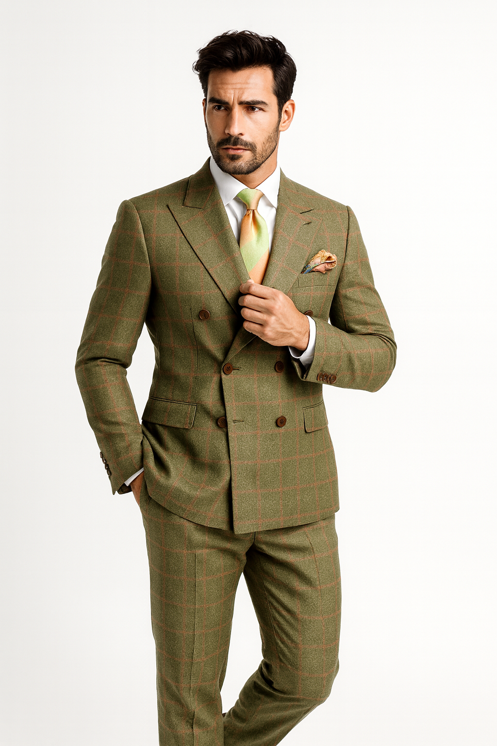 Rossiman Suits Brand - Plaid Textured Double breasted Style - Windowpane Pattern in Color Sage Green and Burnt Orange and green suits suit - 38 Short Jacket+32 Waist Adjustable 28to34)(Height: 5 4 to5 7 )(Neck  15-16.5)S-M)