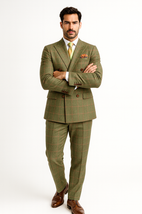 Rossiman Suits Brand - Plaid Textured Double breasted Style - Windowpane Pattern in Color Sage Green and Burnt Orange and green suits suit