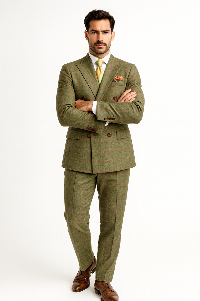Rossiman Suits Brand - Plaid Textured Double breasted Style - Windowpane Pattern in Color Sage Green and Burnt Orange and green suits suit