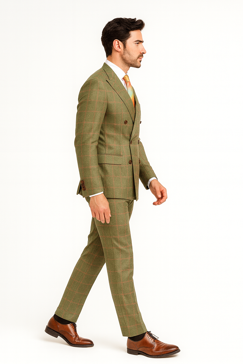 Rossiman Suits Brand - Plaid Textured Double breasted Style - Windowpane Pattern in Color Sage Green and Burnt Orange and green suits suit - 38 Short Jacket+32 Waist Adjustable 28to34)(Height: 5 4 to5 7 )(Neck  15-16.5)S-M)