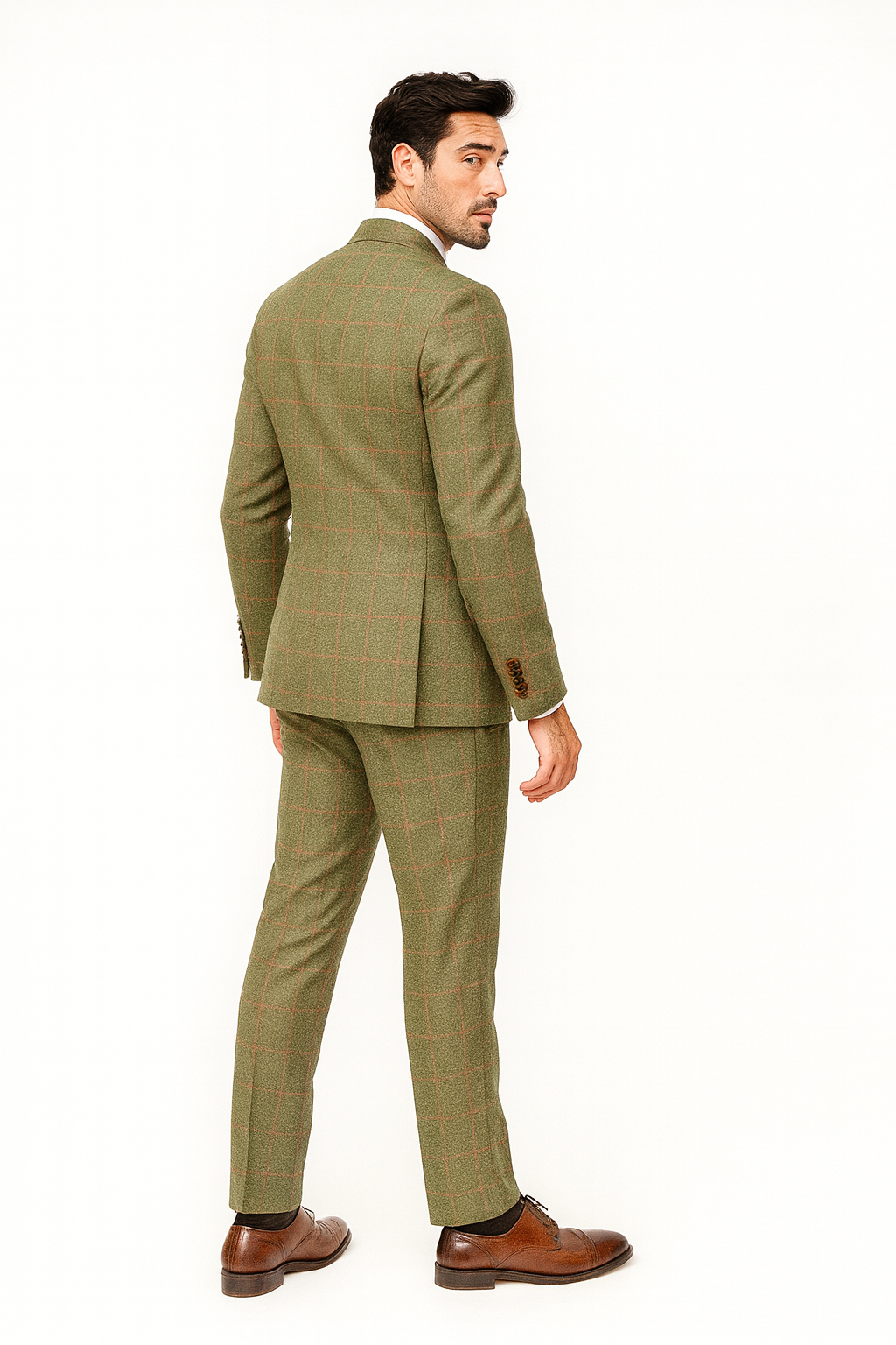 Rossiman Suits Brand - Plaid Textured Double breasted Style - Windowpane Pattern in Color Sage Green and Burnt Orange and green suits suit - 38 Short Jacket+32 Waist Adjustable 28to34)(Height: 5 4 to5 7 )(Neck  15-16.5)S-M)