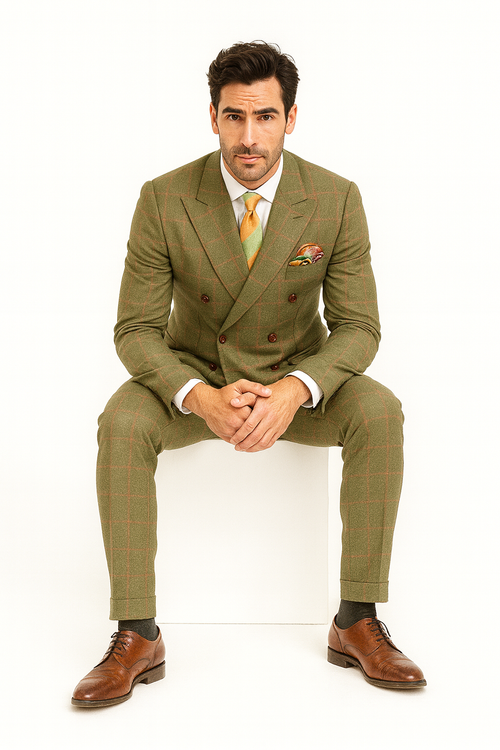 Rossiman Suits Brand - Plaid Textured Double breasted Style - Windowpane Pattern in Color Sage Green and Burnt Orange and green suits suit