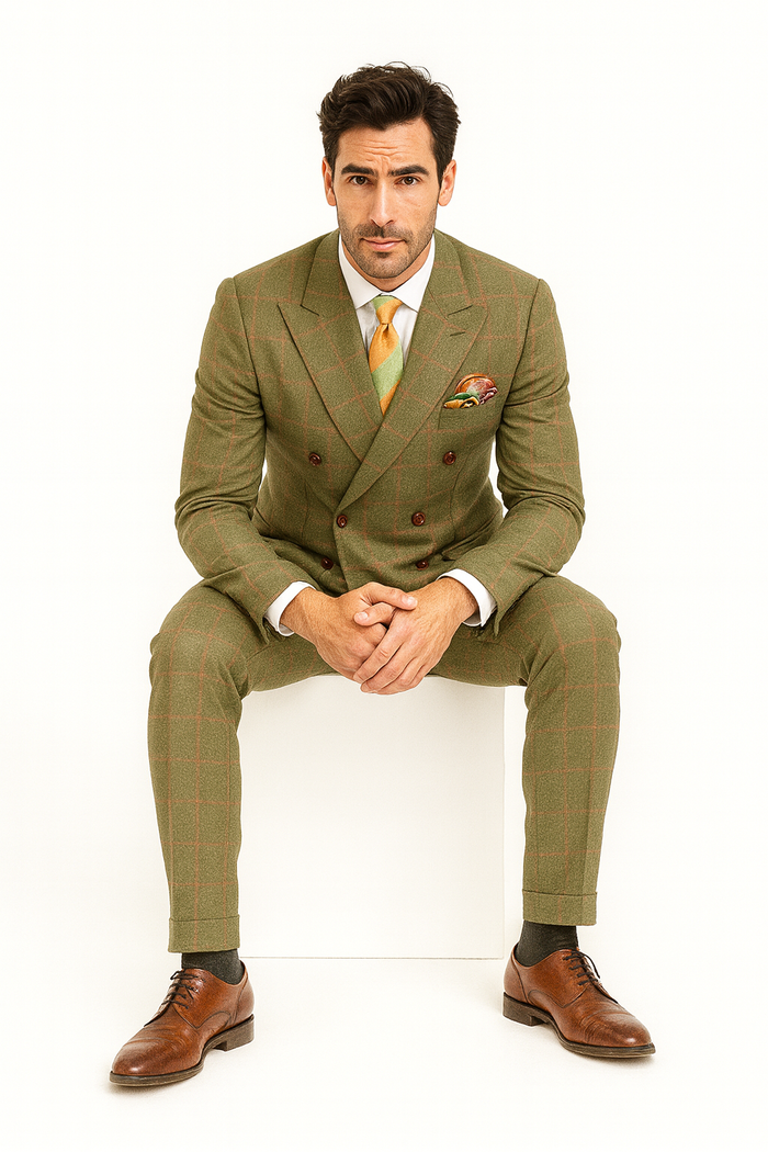 Rossiman Suits Brand - Plaid Textured Double breasted Style - Windowpane Pattern in Color Sage Green and Burnt Orange and green suits suit