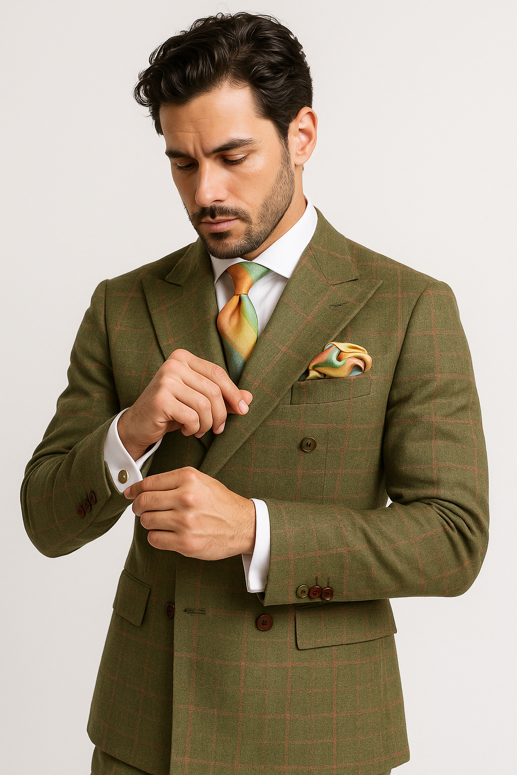 Rossiman Suits Brand - Plaid Textured Double breasted Style - Windowpane Pattern in Color Sage Green and Burnt Orange and green suits suit - 38 Short Jacket+32 Waist Adjustable 28to34)(Height: 5 4 to5 7 )(Neck  15-16.5)S-M)