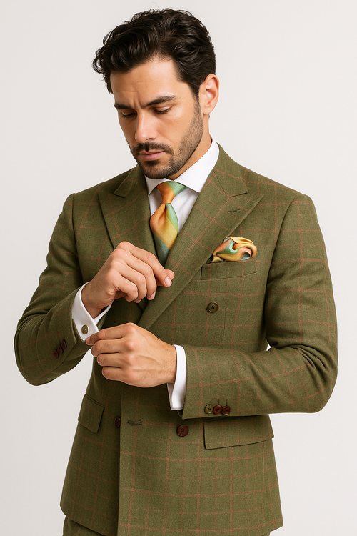Rossiman Suits Brand - Plaid Textured Double breasted Style - Windowpane Pattern in Color Sage Green and Burnt Orange and green suits suit