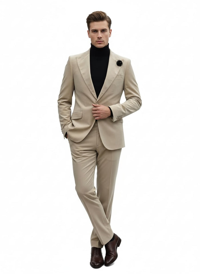 Mens Sand Beige Velvet Tuxedo Suit â€“ 2 Piece Slim Fit Blazer and Pants Formal Set - Winter Fabric Natural Color