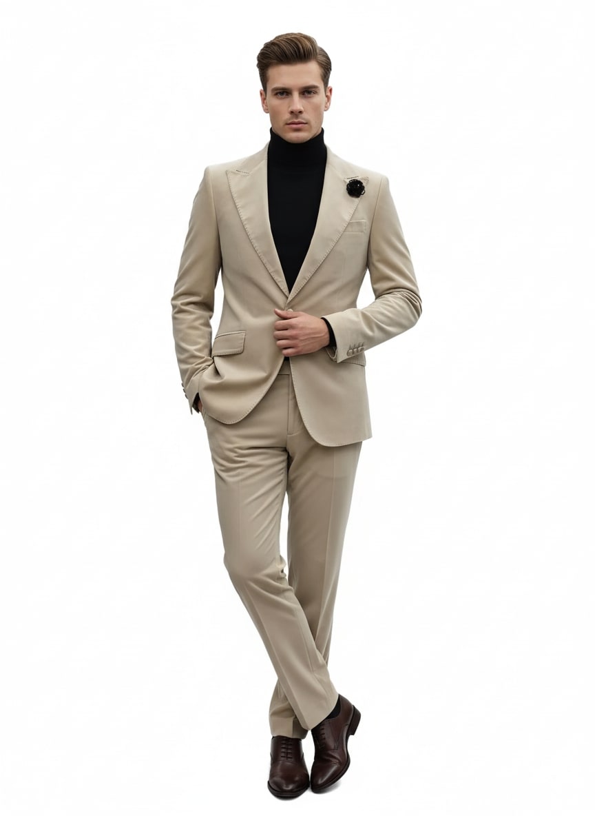 Mens Sand Beige Velvet Tuxedo Suit – 2 Piece Slim Fit Blazer and Pants Formal Set - Winter Fabric Natural Color - 34 Short or Extra Small