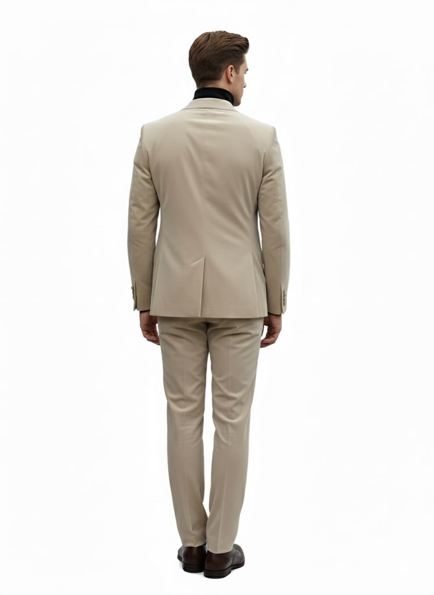 Mens Sand Beige Velvet Tuxedo Suit – 2 Piece Slim Fit Blazer and Pants Formal Set - Winter Fabric Natural Color - 34 Short or Extra Small