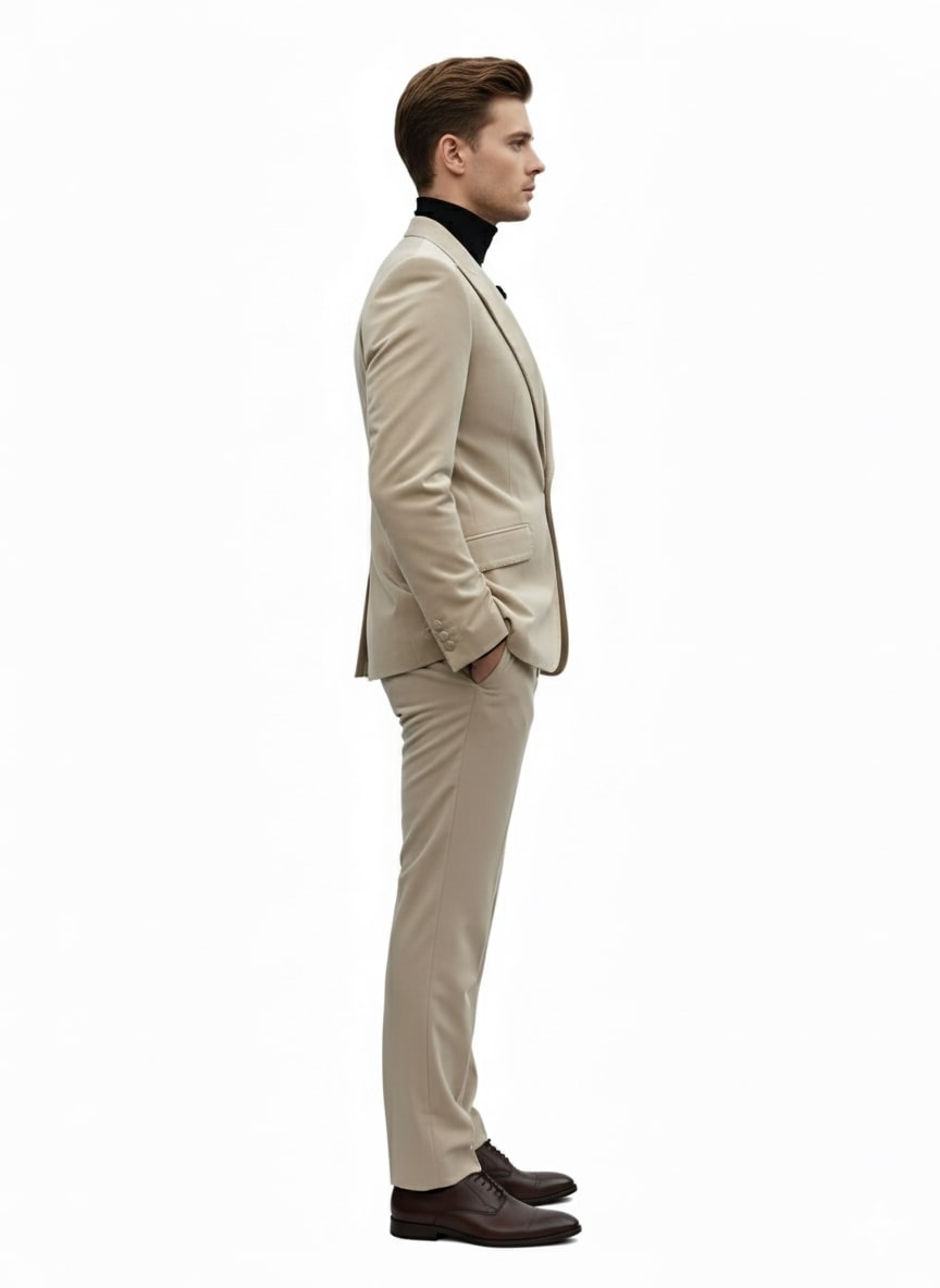 Mens Sand Beige Velvet Tuxedo Suit â€“ 2 Piece Slim Fit Blazer and Pants Formal Set - Winter Fabric Natural Color - 34 Short or Extra Small