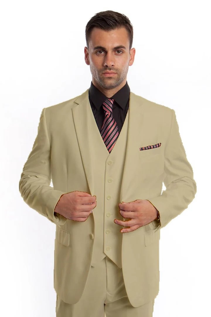 Cheap Suit - Men's Vested Two Button Solid Color Wedding & Business Sand Suit