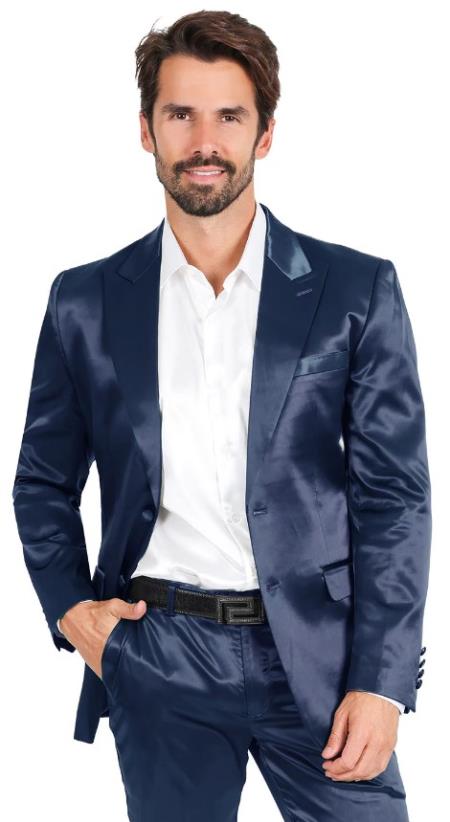 Sateen Suit - Shiny Suit - Royal Sharkskin Suit blue - 38 Short Jacket+32 Waist Adjustable 28to34)(Height: 5 4 to5 7 )(Neck  15-16.5)S-M)