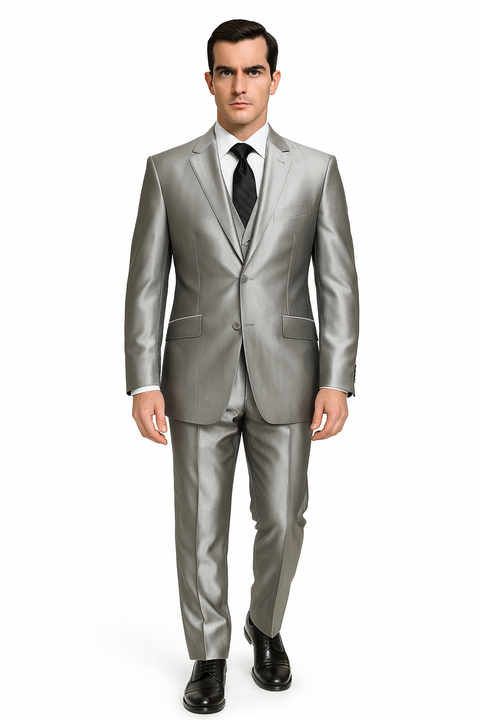 Sateen Metallic Shiny Men's 2 Button Silver Slim Fit Shark Skin Suit Tuxedo looking Men's Sharkskin Suit