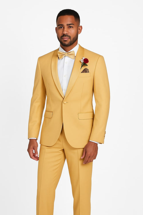 Light Gold Tuxedo Suit for Men â€“ Elegant Two-Piece Wedding and Prom Suit with Satin Shawl Lapel - Mustard Color
