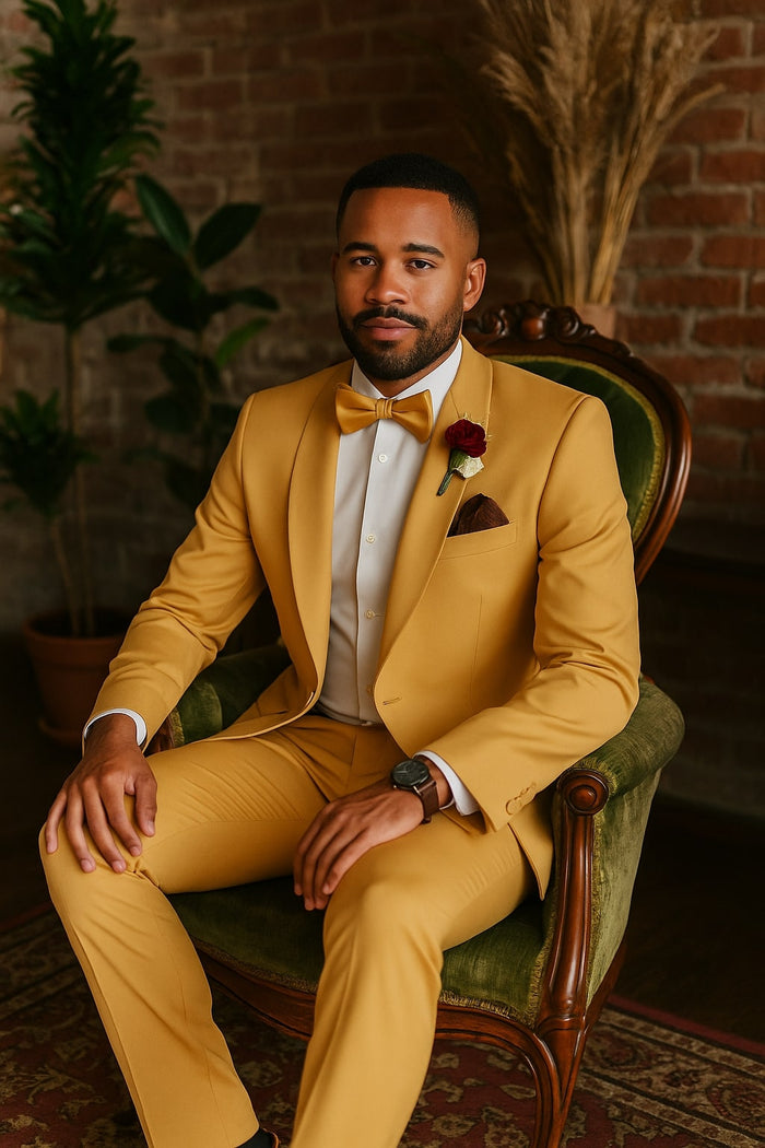 Light Gold Tuxedo Suit for Men â€“ Elegant Two-Piece Wedding and Prom Suit with Satin Shawl Lapel - Mustard Color