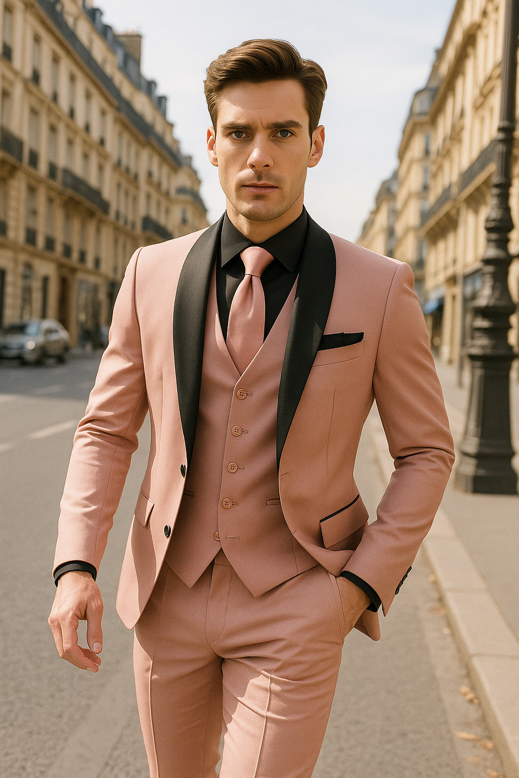 Men's Light Pink 3-Piece Tuxedo Suit with Black Satin Shawl Lapel â€“ Formal Wear - Ultra Slim Fitted in Blush color - 34 Short or Extra Small