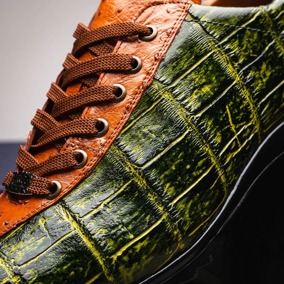 Marco Di Milano Saulo Men's Shoes Green & Cognac Exotic Ostich / Alligator Casual Sneakers - 8