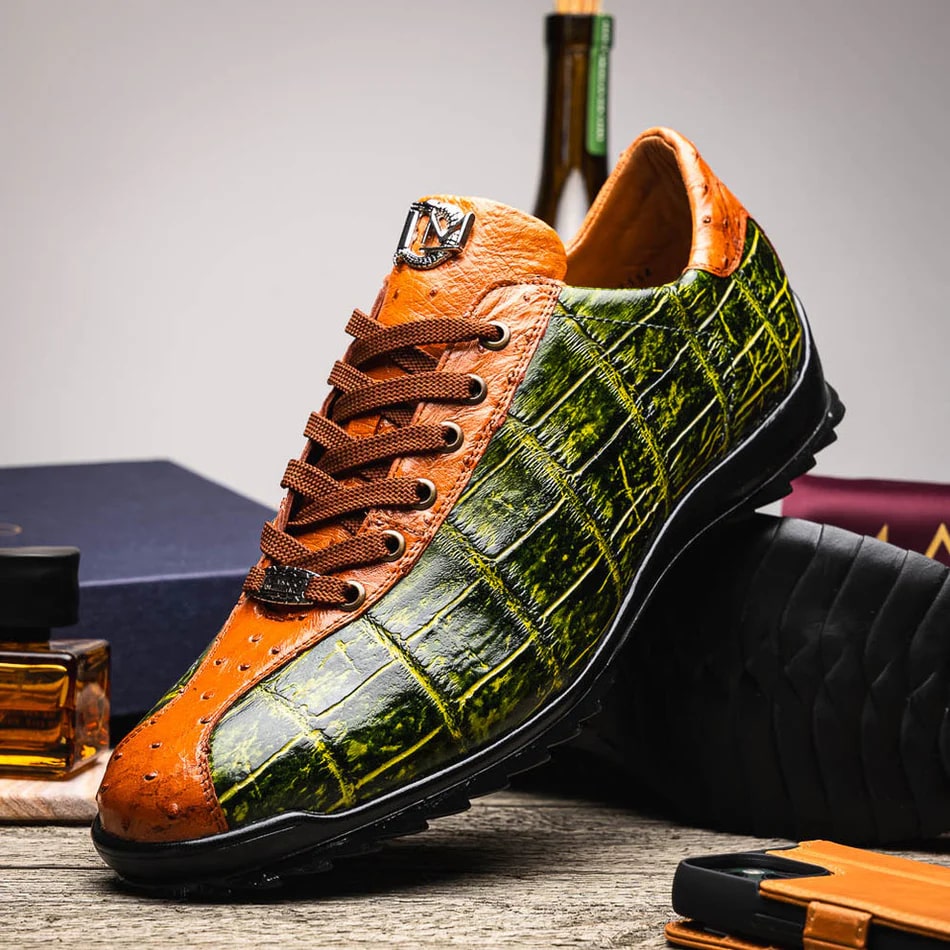 Marco Di Milano Saulo Men's Shoes Green & Cognac Exotic Ostich / Alligator Casual Sneakers - 8