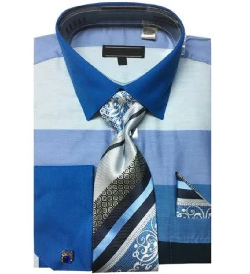 "Blue Men's Stripe Dress Shirt Set with Tie & Hanky - Contrast Collar, French Cuff"