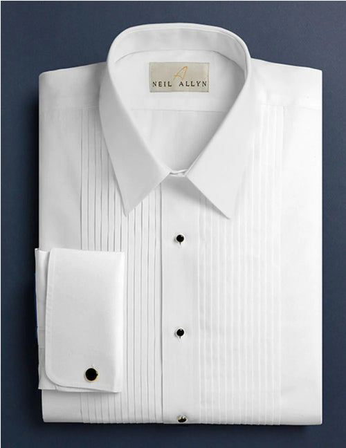 Men’s White Cotton Tuxedo Shirt with Spread Collar, French Cuffs and Pleated Front