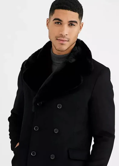 Mens Pea Coat With Fur Collar Coat - Wool and Cashmere Fabric Carcoat - Top Coat For Men black Color Overcoat - S