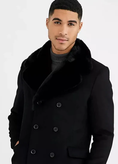 Mens Pea Coat With Fur Collar Coat - Wool and Cashmere Fabric Carcoat - Top Coat For Men black Color Overcoat