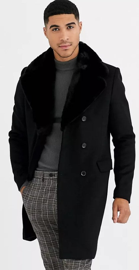 Mens Pea Coat With Fur Collar Coat - Wool and Cashmere Fabric Carcoat - Top Coat For Men black Color Overcoat - S