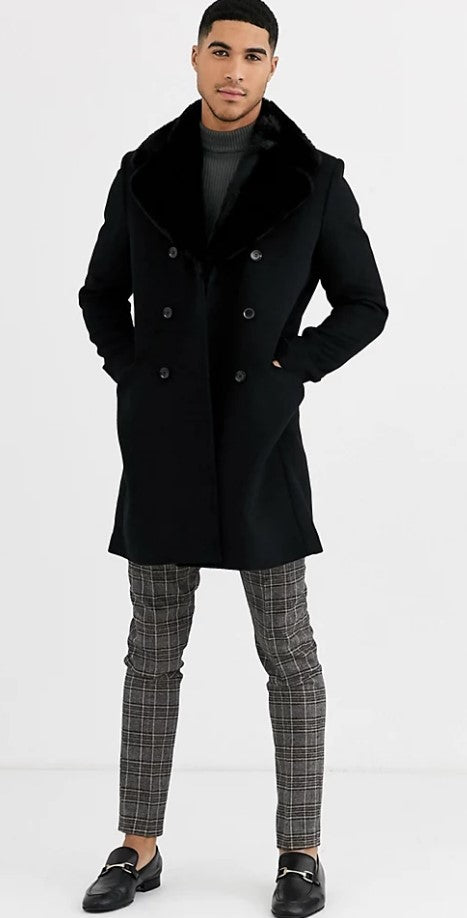 Mens Pea Coat With Fur Collar Coat - Wool and Cashmere Fabric Carcoat - Top Coat For Men black Color Overcoat - S