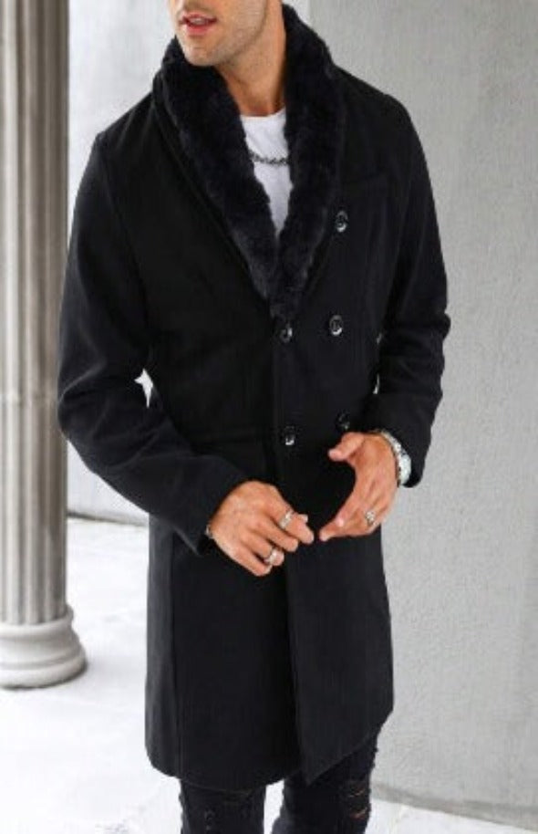 Black peacoat with fur best sale