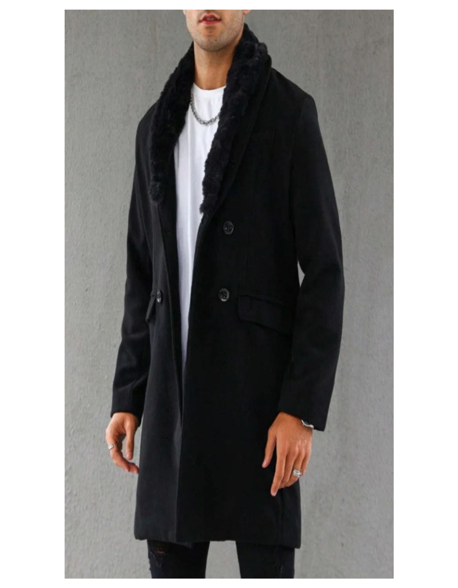 Mens Pea Coat With Fur Collar Coat - Wool and Cashmere Fabric Carcoat - Top Coat For Men black Color Overcoat