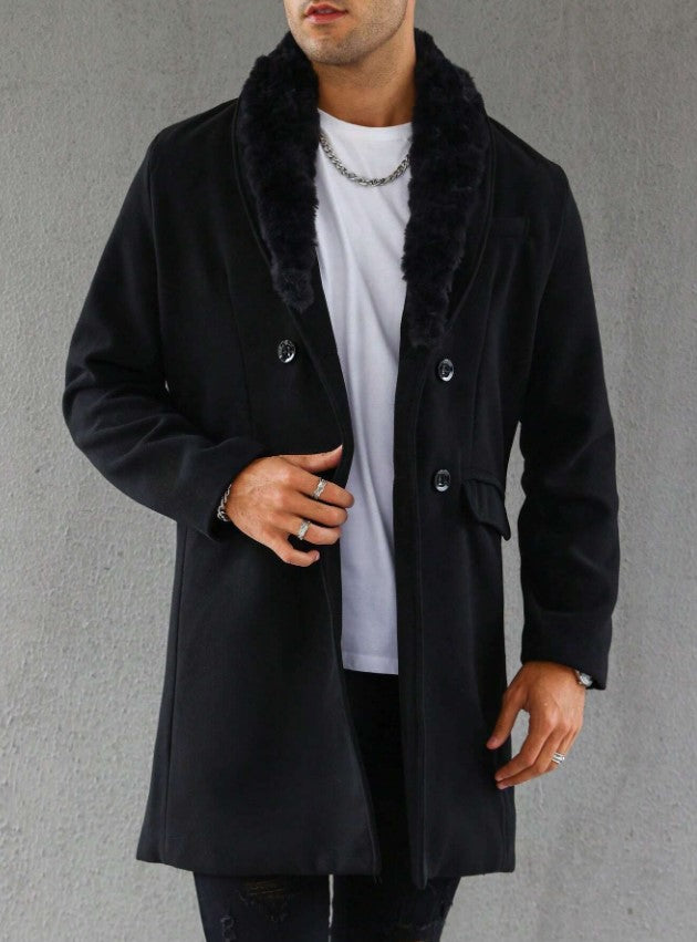 Mens Pea Coat With Fur Collar Coat - Wool and Cashmere Fabric Carcoat - Top Coat For Men black Color Overcoat