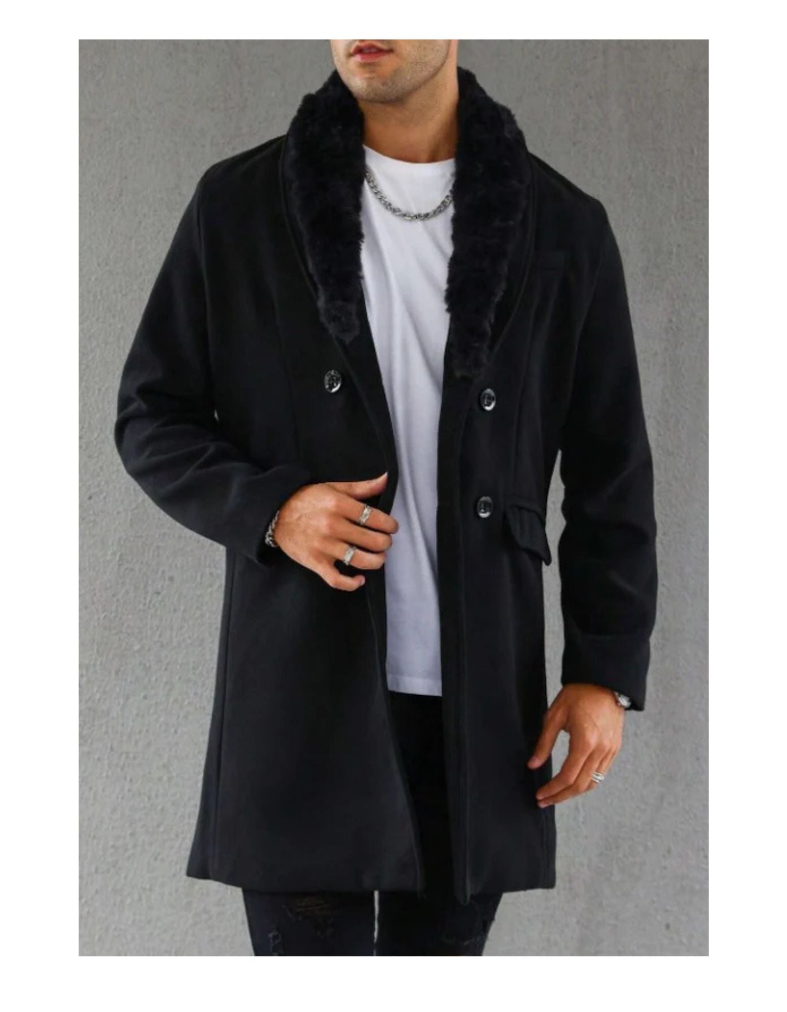 Mens Pea Coat With Fur Collar Coat - Wool and Cashmere Fabric Carcoat - Top Coat For Men black Color Overcoat