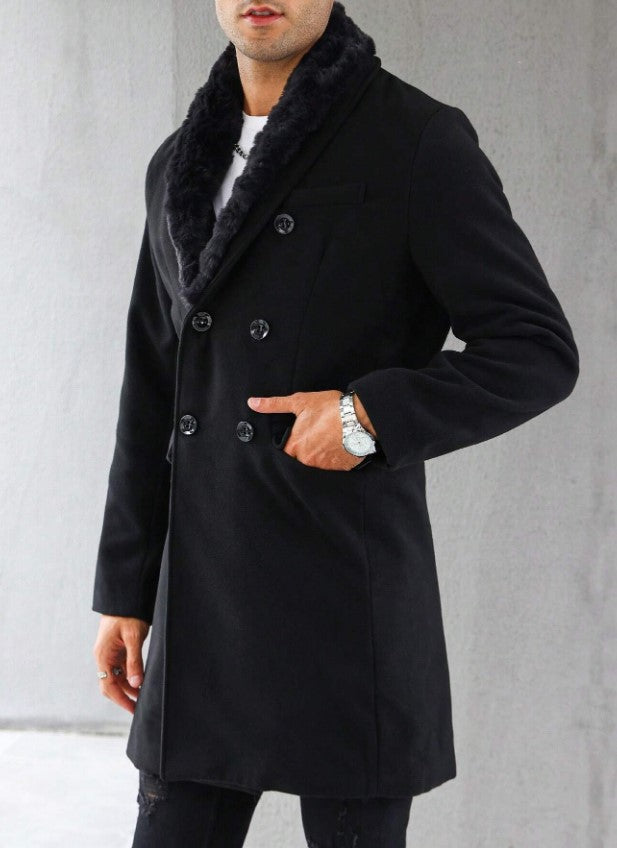 Mens Pea Coat With Fur Collar Coat - Wool and Cashmere Fabric Carcoat - Top Coat For Men black Color Overcoat
