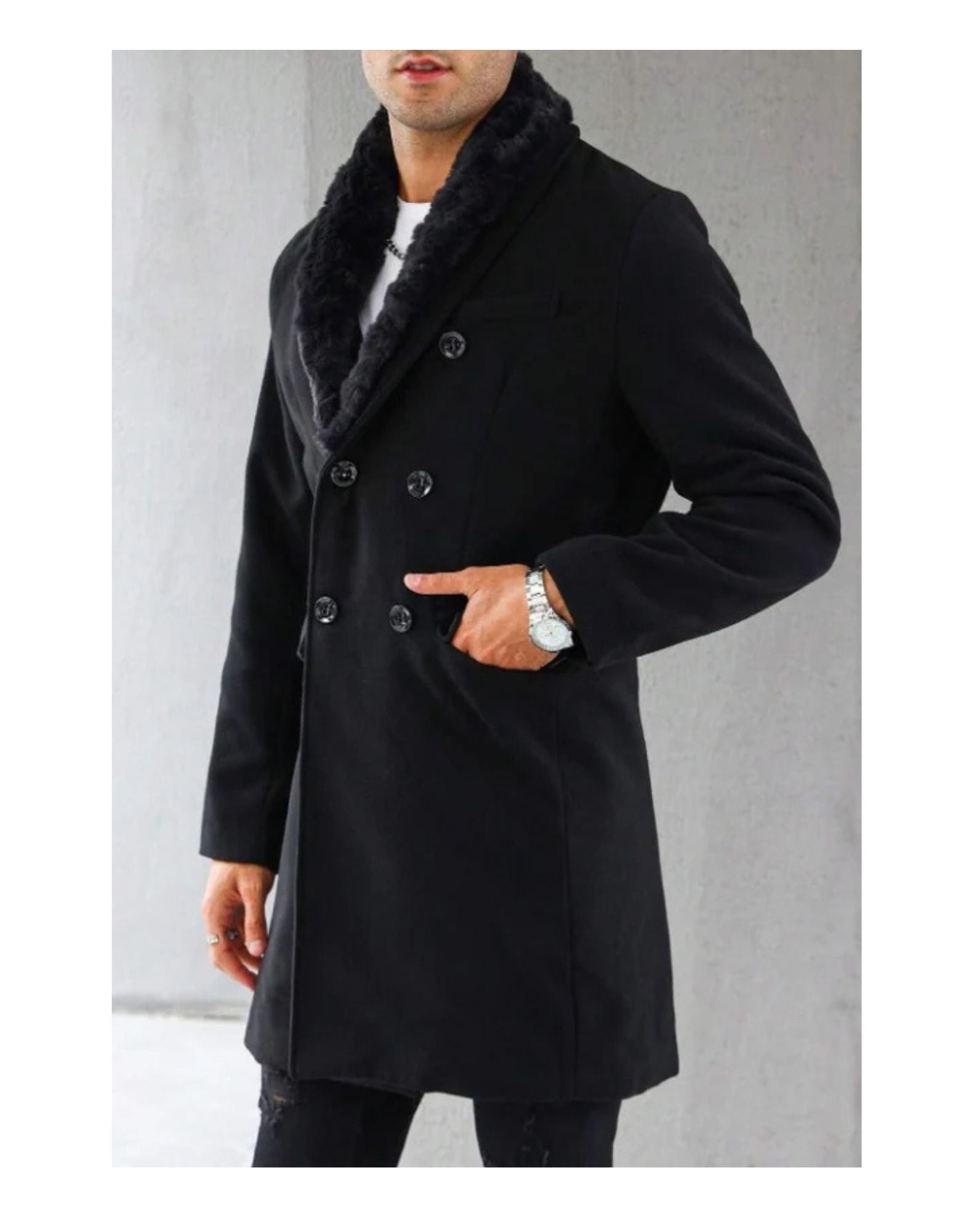 Mens Pea Coat With Fur Collar Coat - Wool and Cashmere Fabric Carcoat - Top Coat For Men black Color Overcoat