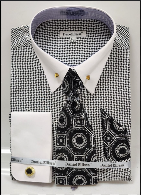 Mens Black Houndstooth Dress Shirt Set with Cuff - Small 14.5” Neck / 32-33” Sleeve