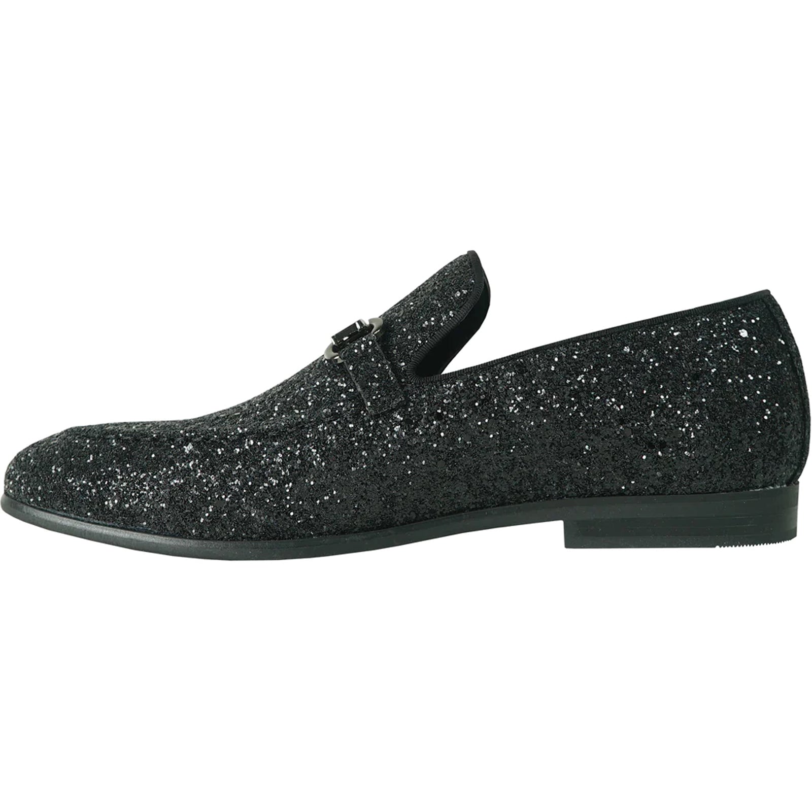 "Black Sequin Prom Tuxedo Loafers - Modern Men's Glitter Buckle Shoes"