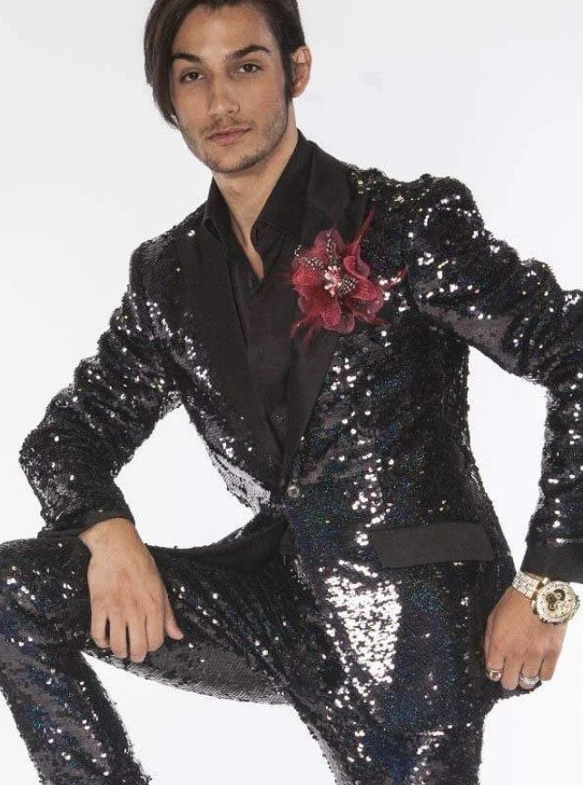 Sequin Tuxedo - Mens Shiny Suit - Stage Flashy Metallic Color Suit  in Color Red - Gold Silver or purple - 38 Long + 32 Waist(Adjust 2" Large and amp 4")