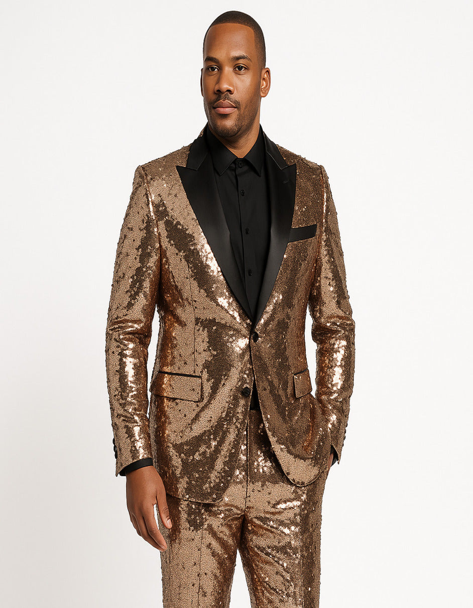 Men's Rose Gold Sequin Tuxedo Suit with Black Satin Lapel – Luxury Slim Fit Blazer for Parties and Events - 34 Short or Extra Small