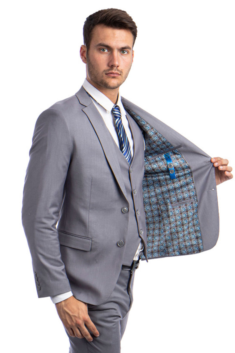 Grey Slim Fit Men's Suit - Two Button Vested Solid Basic Color