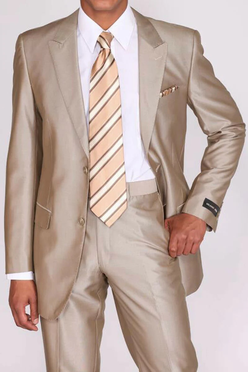 Mens 2 Button Peak Lapel Shiny Sharkskin Suit in Tan - 38 Short Jacket+32 Waist Adjustable 28to34)(Height: 5 4 to5 7 )(Neck  15-16.5)S-M)
