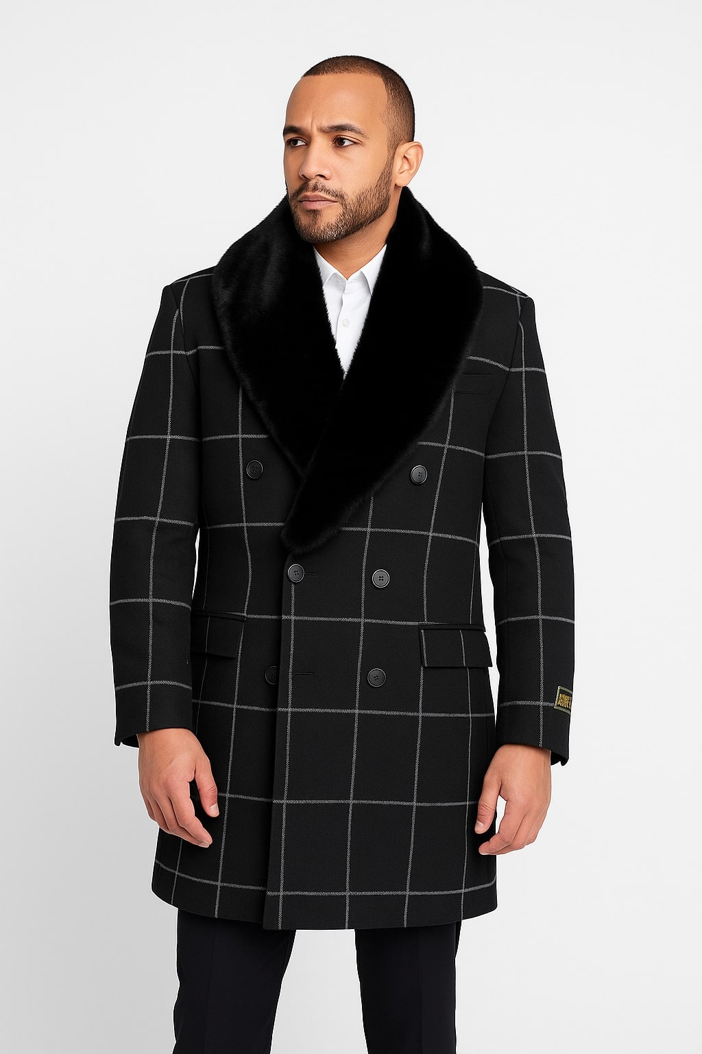 Mens Black Windowpane Wool Overcoat with Faux Fur Shawl Collar â€“ Double-Breasted Long Coat - Coat Size 38