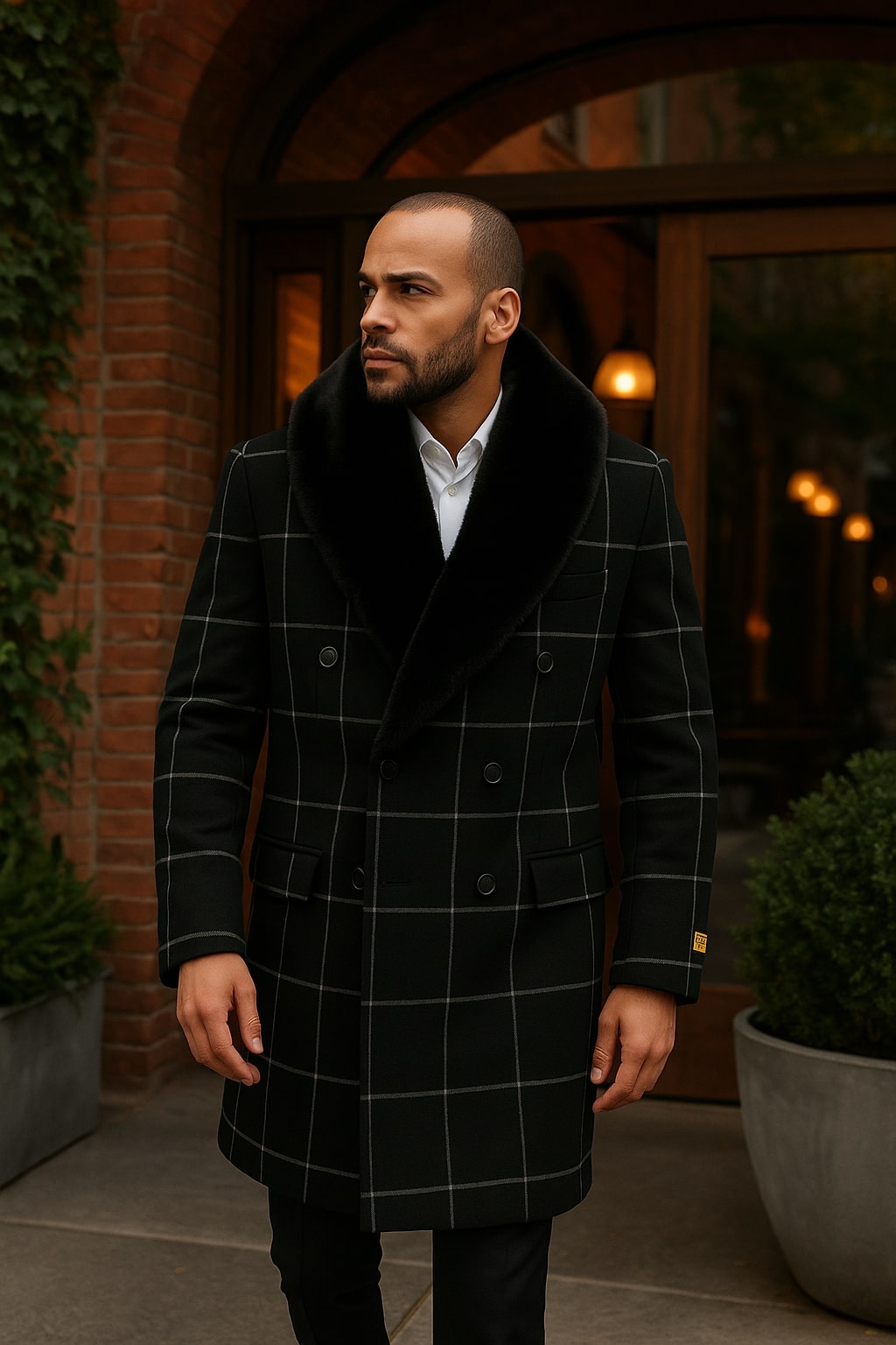 Mens Black Windowpane Wool Overcoat with Faux Fur Shawl Collar â€“ Double-Breasted Long Coat - Coat Size 38